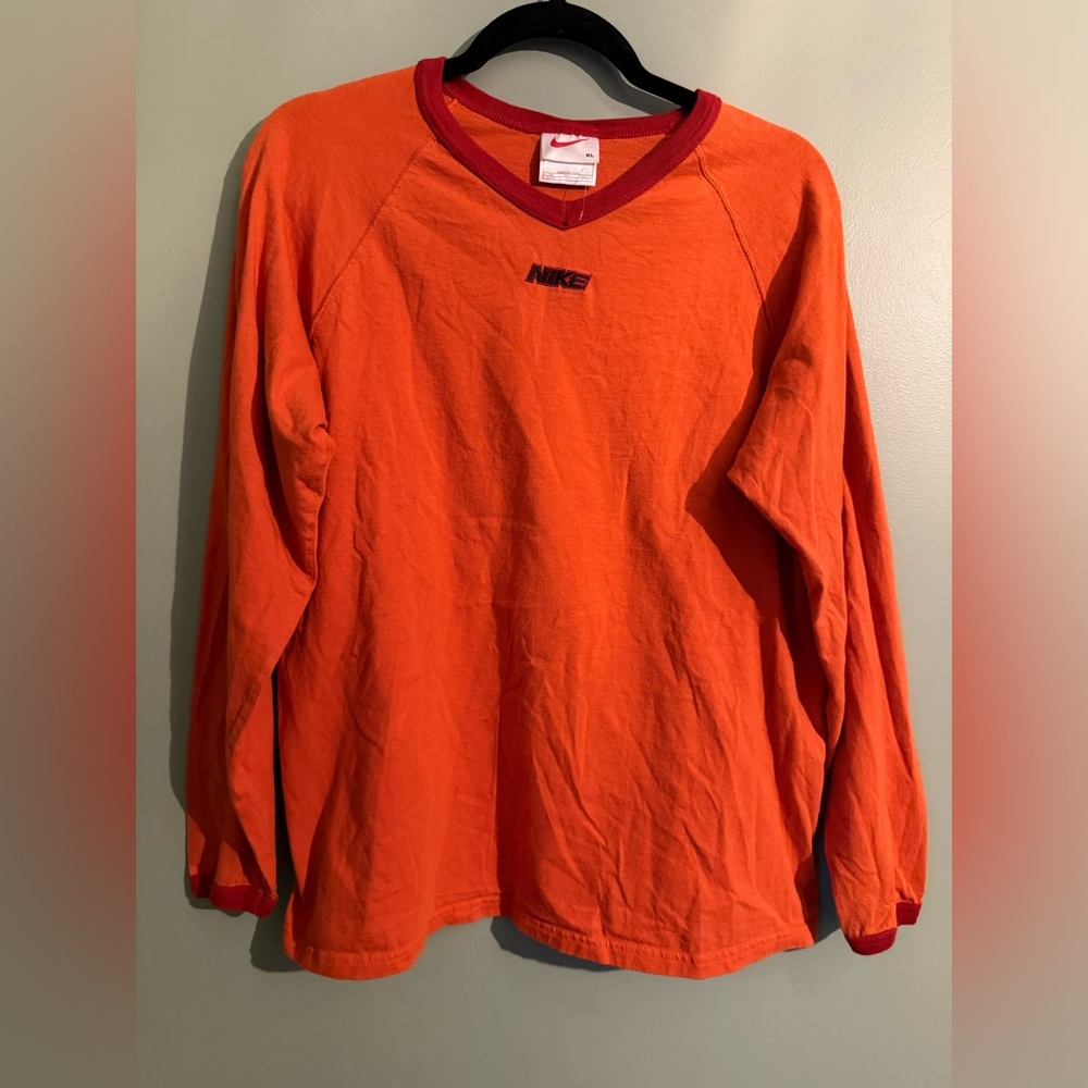 Vintage Nike Orange Red Shirt Swoosh Embroidered XL 16-18 Long Sleeves USA Made